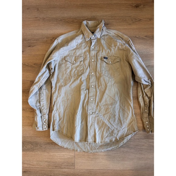 Wrangler Tops - Wrangler Womens Khaki Tan Western Snap Long Sleeve Twill Shirt Raw Hem Large